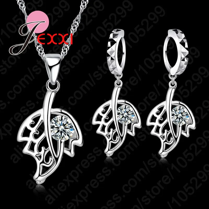 High Quality 925 Sterling Silver Leaf Shape Hot Sale Cubic Zirconia Necklace Earring Chain Jewelry Sets For Women