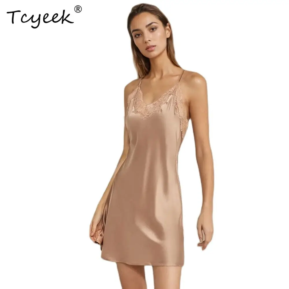 Tcyeek, 19 มม.100% ผ้าไหม Sleeping Robe ชุดสลิง,เซ็กซี่ผู้หญิงเย็บปักถักร้อย,Chic Night-Robe ชุด, 2024 ฤดูร้อนฤดูใบไม้ร่วง S48071QC