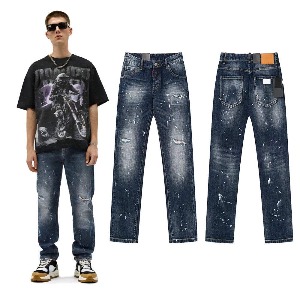 

Streetwear Clothing Denim Slim Fit Jeans with Distressed Hiphop Street Style Cotton Casual Vintage Spray Print Fit Trousers Mens