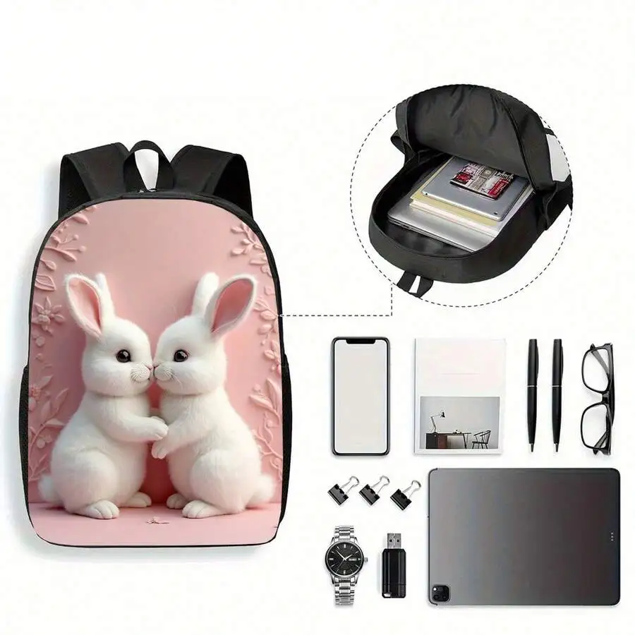 

Cartoon Rabbit Backpack Large Capacity 17 Inch Laptop Bag With Water Bottle Holder Lightweight Durable Casual Unisex