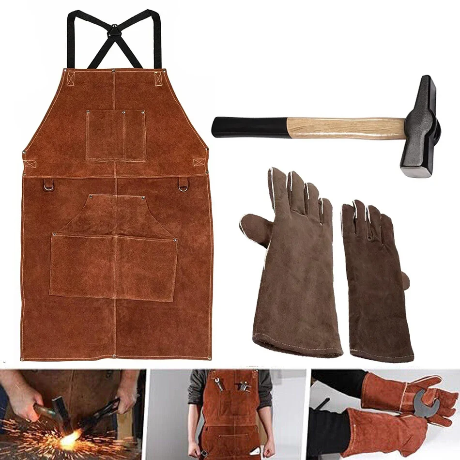 

TML Welding Gloves & Leather Work Shop Welding Apron & Blacksmith Hammer 0000811-1500 Perfect Heat & Flame Resistant Tools Set