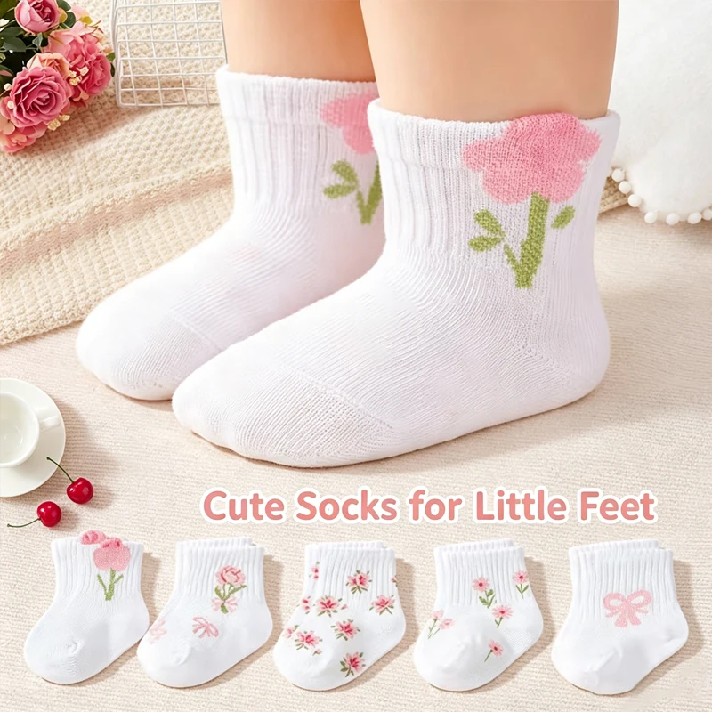 Baby Socks 5 Pairs/lot 0‑4Y Cute Floral Bow Print Toddler Girls Socks Soft Breathable White Short Socks Newborn Infant Kids Sock
