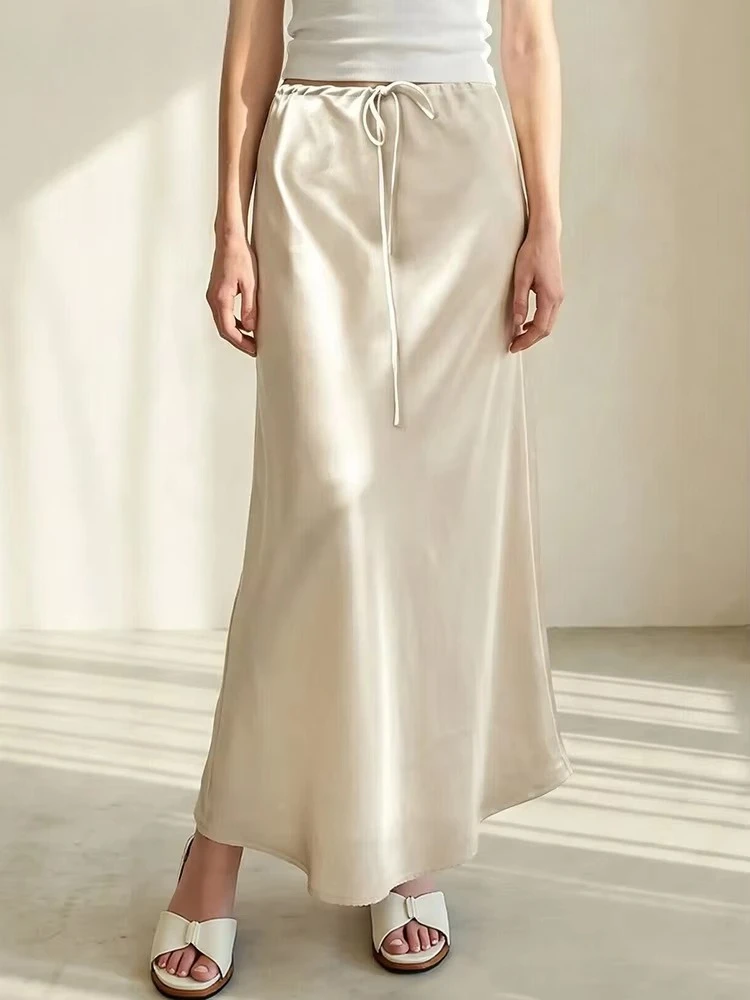 Brown Long Satin Skirts Women Luxury Autumn Summer High Waist Silk Black Skirt Long Straight Shining Beige Satin Skirt
