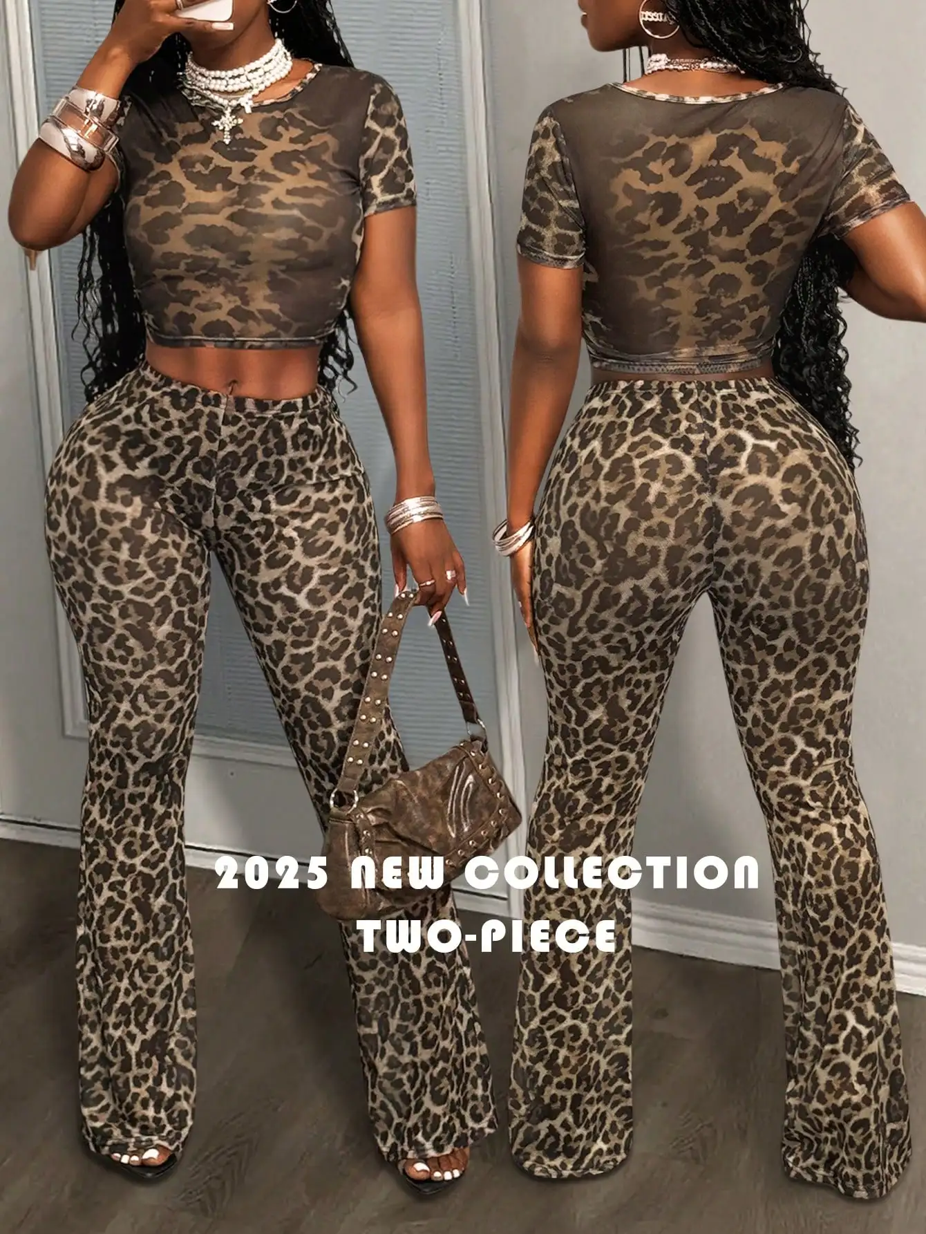 

Комплект из двух предметов с леопардовым принтом 2025 – укороченный топ и расклешенные брюки для уличного стиля, вечеринок, в стиле Y2K