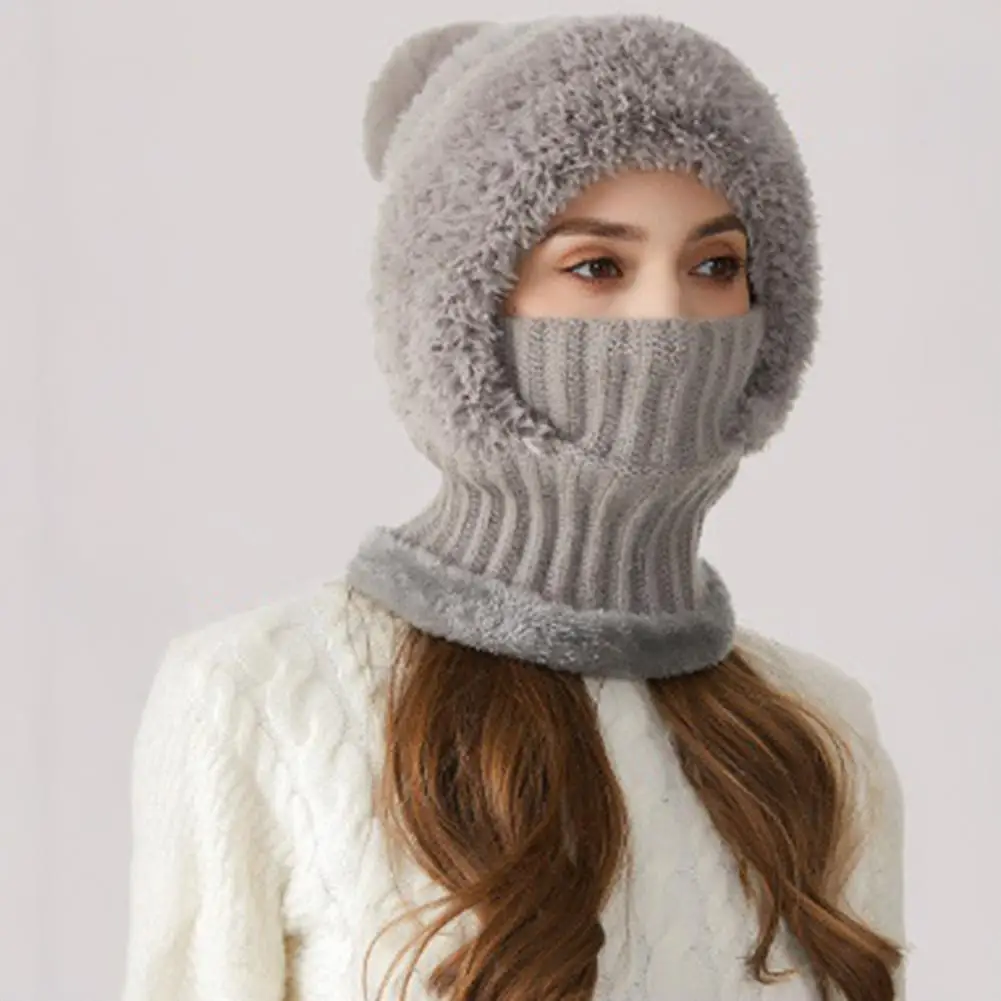 سميكة متماسكة نمط قبعة المرأة محبوك قبعة المرأة 3 في 1 وشاح محبوك قبعة مع أفخم الكرة ديكور يندبروف قبعة الثلوج لفصل الشتاء