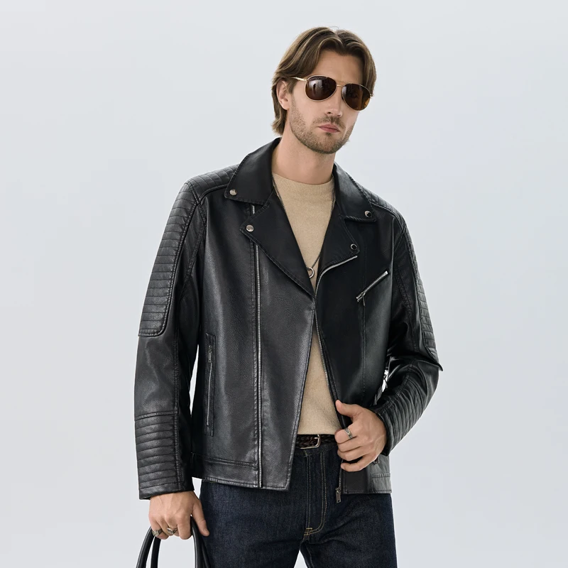 

Turn Down Collar Moto Biker Leather Outerwear Men New Slim Fit Leather Jackets PU Casual Diagonal Zipper Jacket Motorcycle Coat
