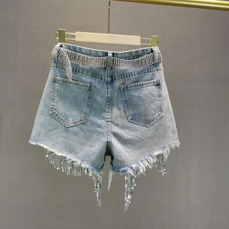 Female Denim Shorts 2024 Summer Wear New High Waist Slimming Heavy Beaded Sequin Fringed Ripped Wide Leg Pants Jeans Hot Pants