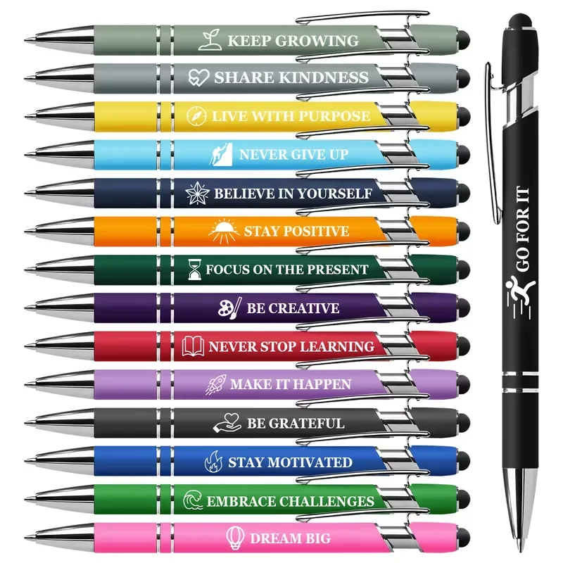 

Touchscreen retractable ballpoint pen, 15 laser engraved motivational quotes for teacher appreciation