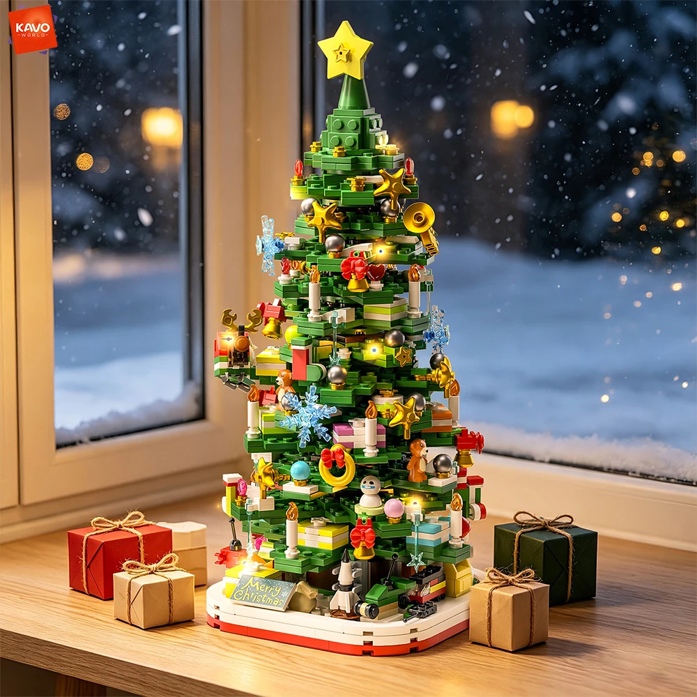 KAVOWORLD 1156PCS Festive Christmas Tree Building Blocks LED Light‑up DIY Bricks Kit Desktop Decoration Xmas Present for Family