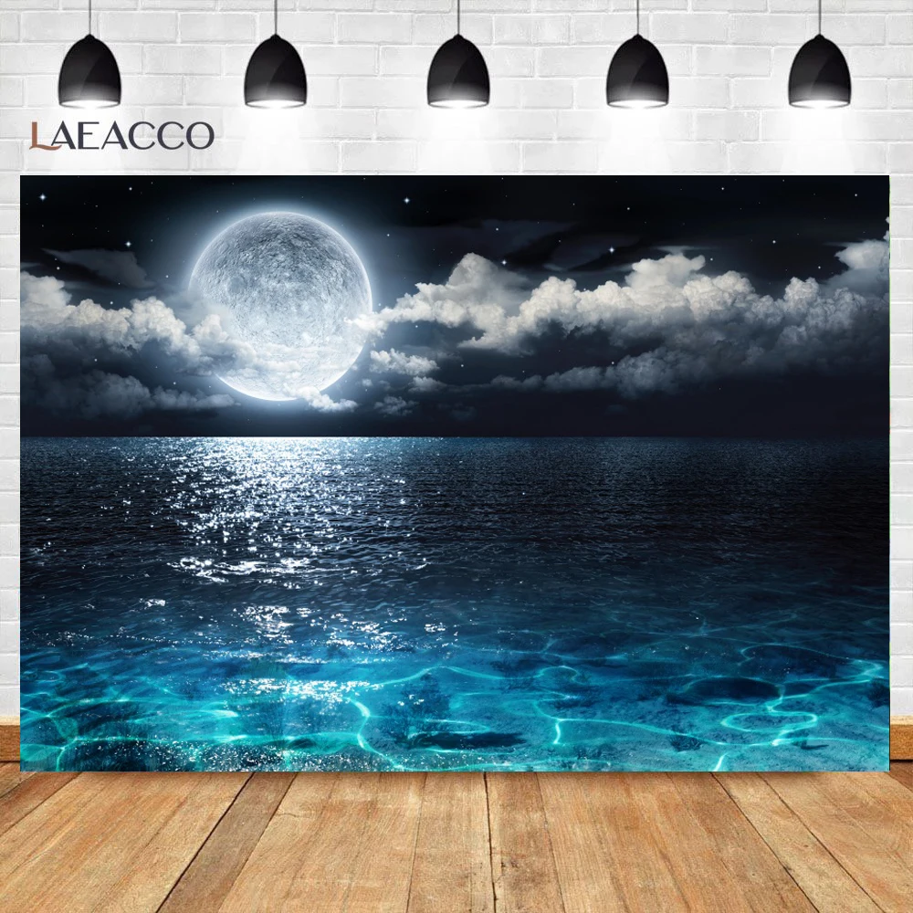 Laeacco Moon Cloudy Dark Black Sea Surface Baby Night Scenic Photographic Backgrounds Photography Backdrops For Photo Studio