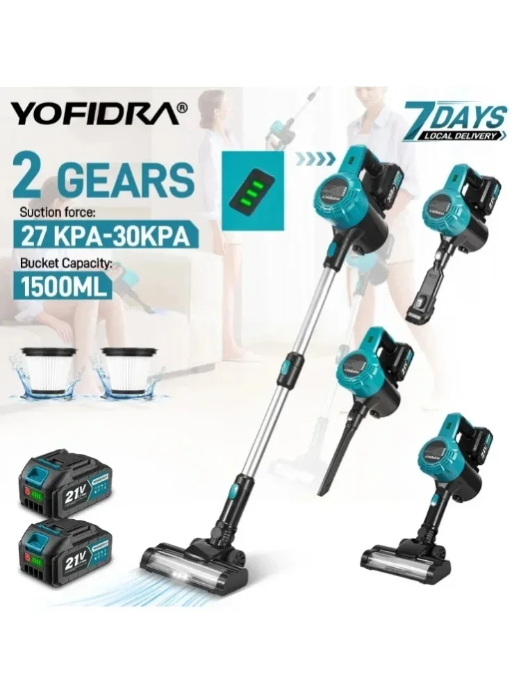 YOFIDRA 2-Gang Bürstenloser Elektrischer Staubsauger 27-30KPA Wiederaufladbarer Staubfänger Reinigungswerkzeug für Makita-Akku