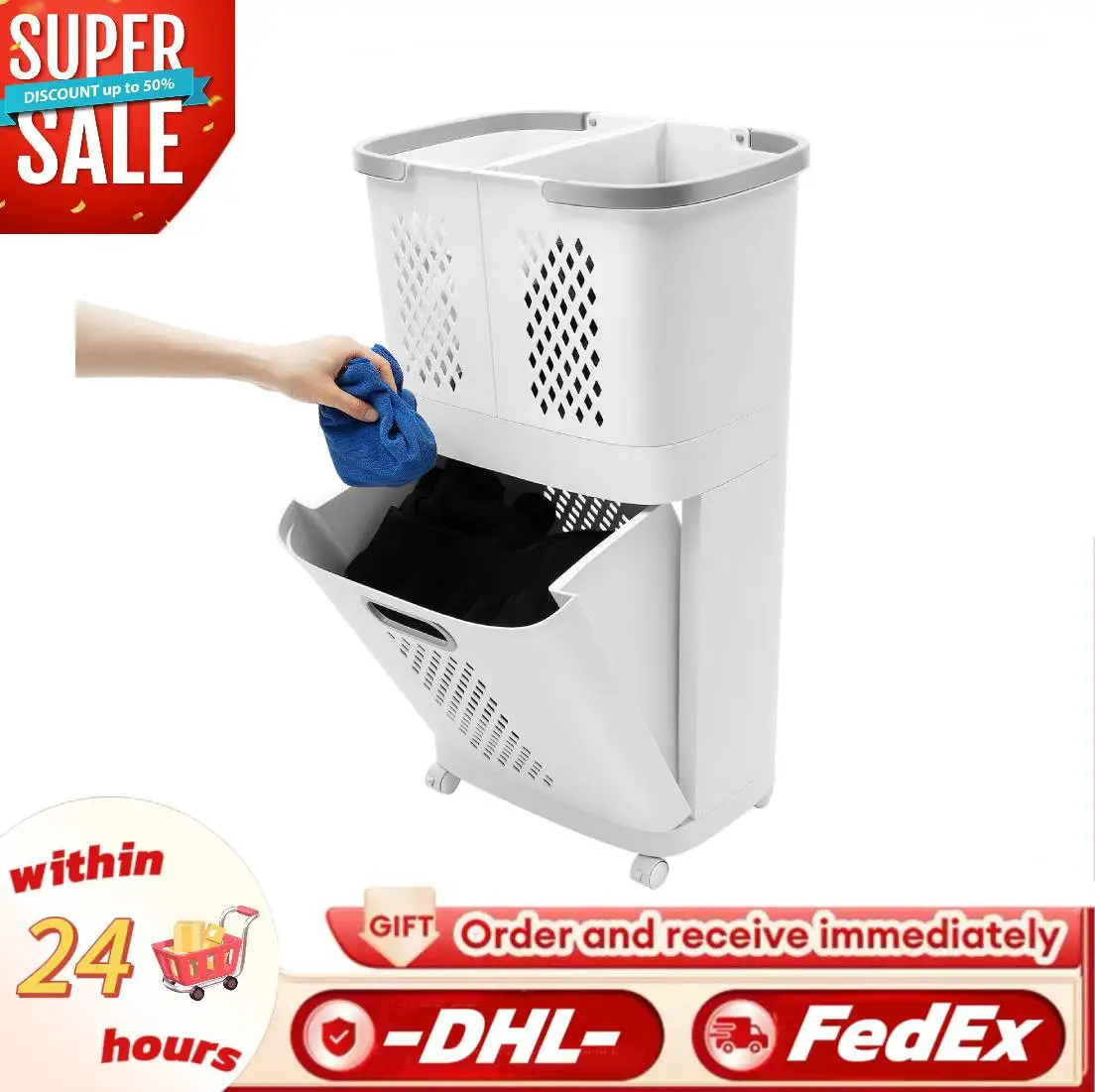 

2-слойная корзина для хранения белья с колесиком, корзина для грязной одежды, полый дизайн, стеллаж для хранения домашних мелочей в ванной, туалете