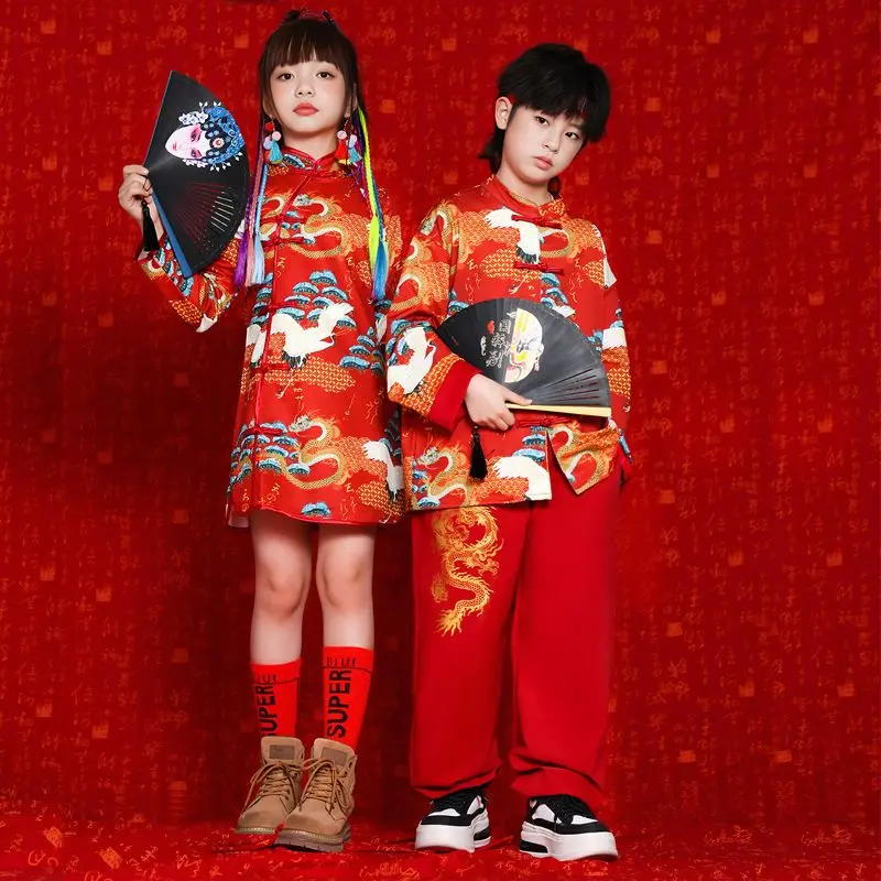 Red Chinese Style Printed Clothes Set Ancient Tang Costume Stage Clothing Girl Hanfu Skirt Style Chinese New Year Outfit