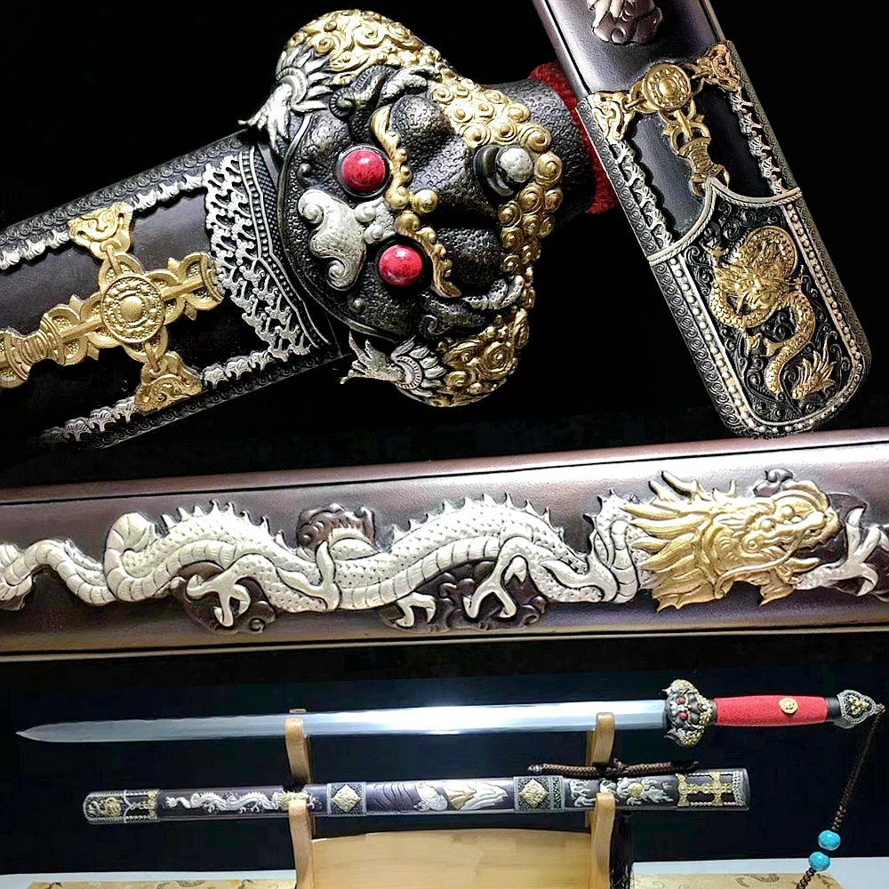 High-Grade Chinese Sword Ming Dynasty Saber Emperor Dragon Jian Sharp Folded Steel Blade/Brass Sheath/Real Fish Ray Skin Handle