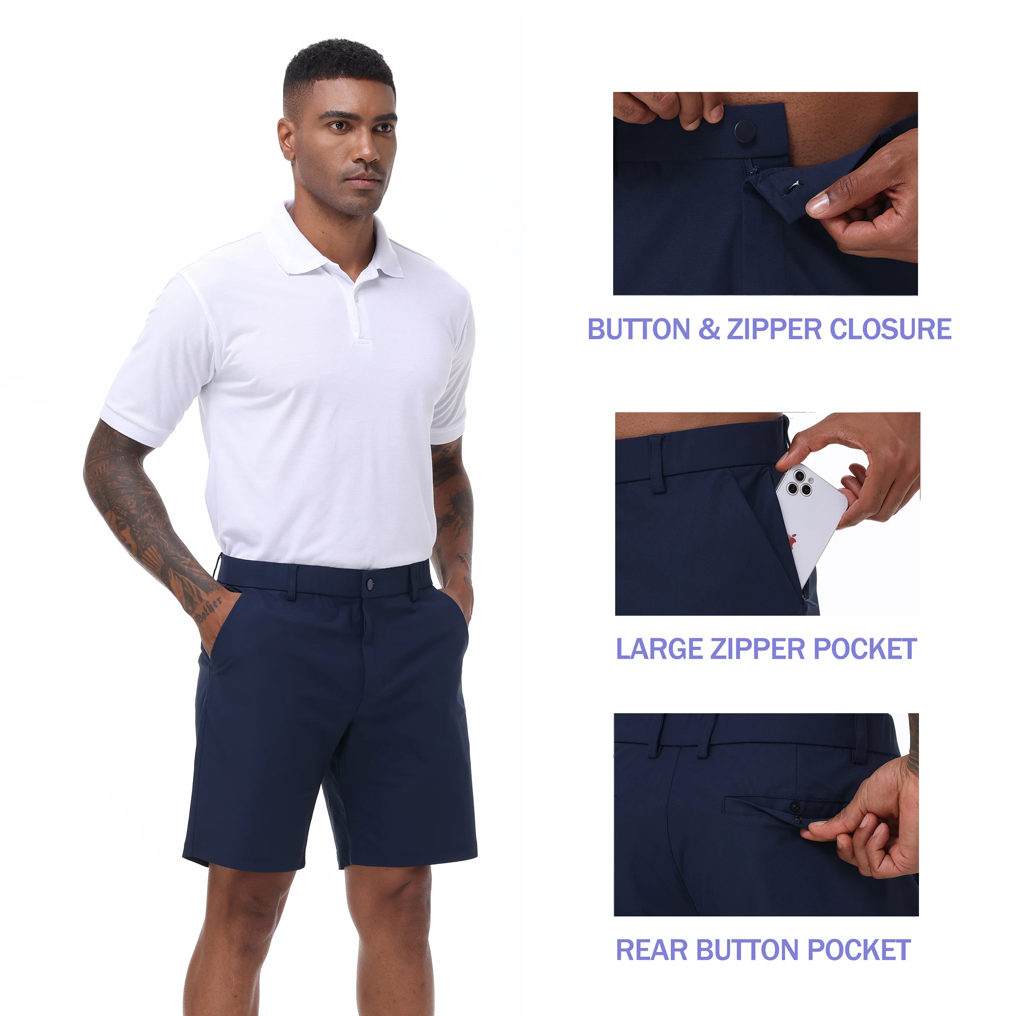 Trendige Cargo-Shorts für Herren, lässige, elegante Golfhose, Anzug-Shorts, Arbeits-Shorts mit verdeckten Seitentaschen mit Reißverschluss – Detail 1