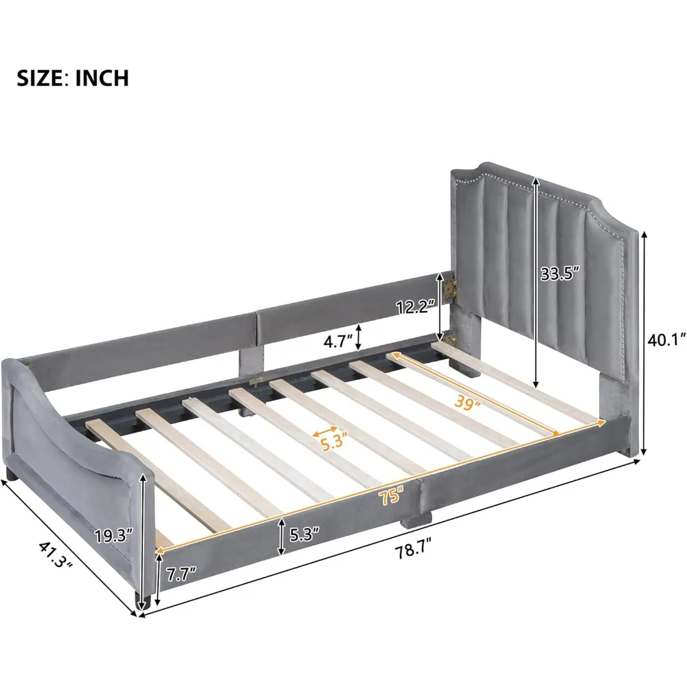 Cadre de lit jumeau gris pour enfants, lit de jour double en velours, planche de sauna en forme de rayure classique, lit à plateforme jumelle