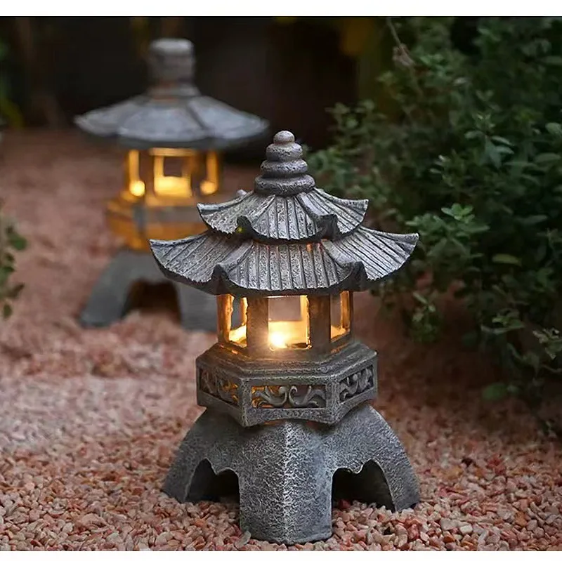 Solar Lamp Zen Stone Tower Decoration Ornaments Garden Courtyard Decor Handicraft Sculpture Buddha Outdoor Lamps Palace Lanterns