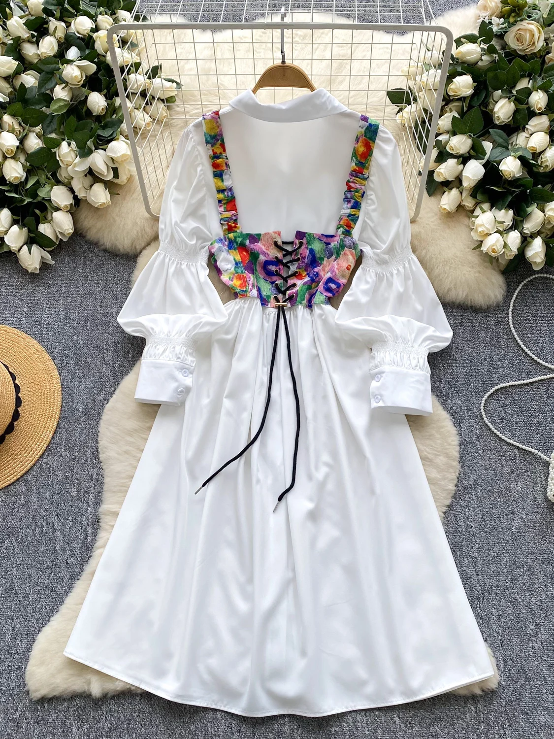 

Faionable Bubble Sve irt Dr Set Single Button Print Strap Vest Women's Sle Courtly Two-Piece Summer Outfit
