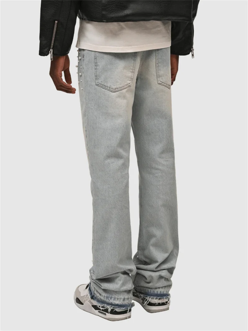 2025 Men's Punk Style Splicing Pocket Beading Large Straight Jeans Male Vintage Four Seasons Trousers Street Casual Denim Pants