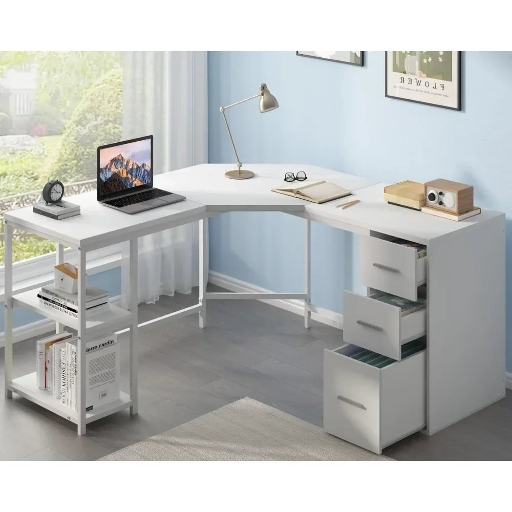 White L Shaped Corner Desk with Drawers, Reversible Modern L-Shaped Computer Desk with Storage Cabinet Shelves, Large Wood L