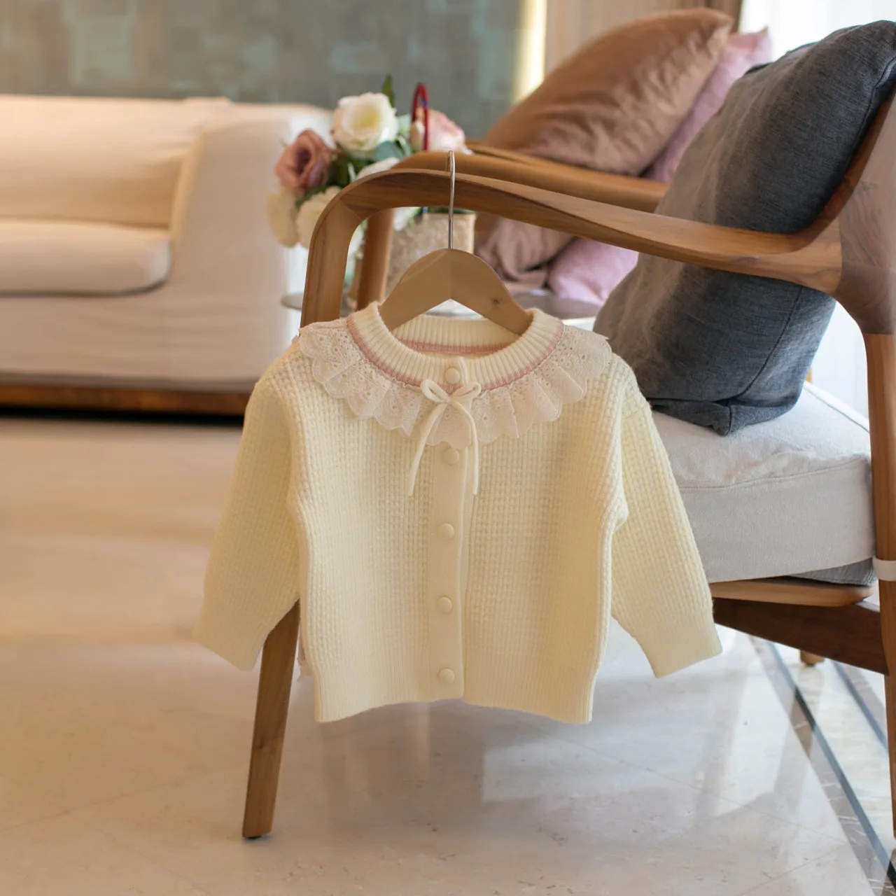 Autumn Winter Girls Sweater Delicate Knit Cardigan Thickened With Bow Lace Trim Collar Soft Sweater Jacket Children Outer Top