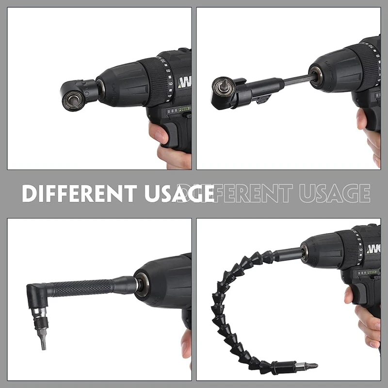 14 Pcs Flexible Drill Bit Extension Set 1/4 Inch Hex Bendable Drill Bit Extension 105 Right Angle Drill 90 Right Angle Black