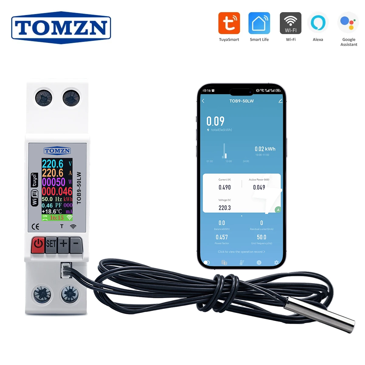TOMZN TOB9-50LW 1P+N 90-300VAC 1-50A Small Size 12IN1 WIFI Smart Switch Temperature Measurement Protection OVP OCP UVP OTP