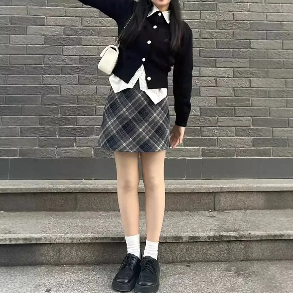 Plus Size Preppy Plaid Woolen Skirt For Women Mini Dress With Petite Hip Covering A- line Design Autumn New Arrival