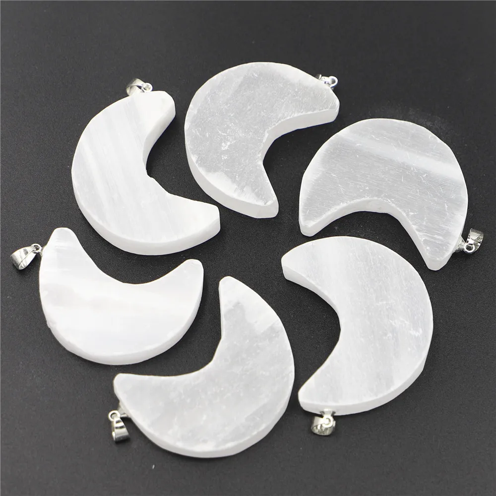 Natural Selenite Gypsum Crescent Plaster Pendant Accessories Tourmaline Crystal Rock Mineral Specimen Necklace Free Shipping