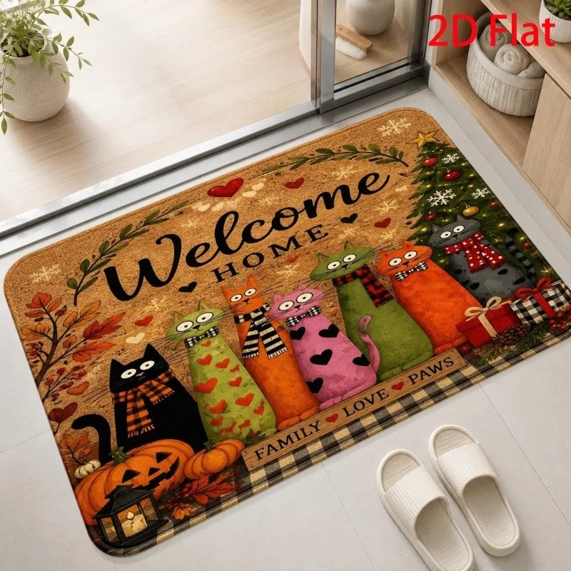 Welcome Home Cat Festival Doormat, Pumpkin Christmas Tree Printed Floor Mat, Holiday Indoor Entryway Decor Rug