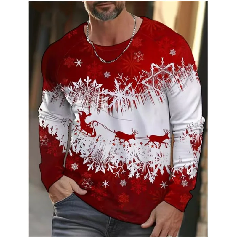 

Merry Christmas Snowman Pattern T-Shirt For Men Elk Gift 3D Printed T Shirts Autumn Casual Long Sleeves Loose O-Neck Tops Tees