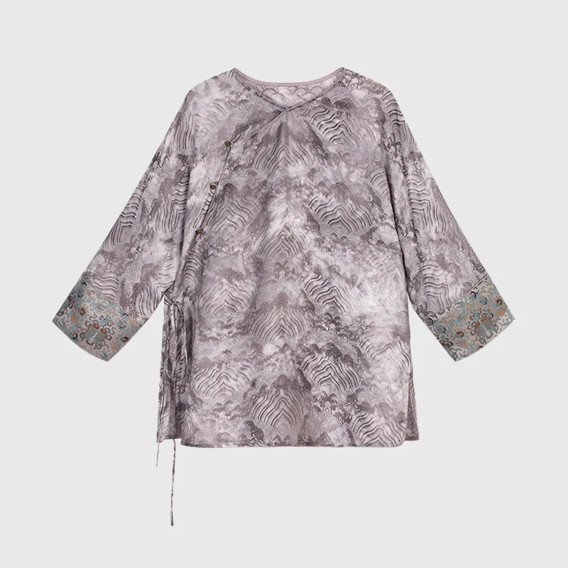 High Quality Women's Spring and Autumn Chinese Style Old Money Xiangyun Yarn Coat Vintage Jacquard Temperament round Neck Top