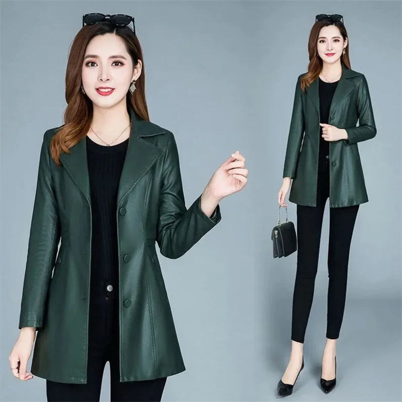 Women Leather Jacket 2023 Spring Autumn Mid-Long Slim Leather Coat Female Single-breasted Solid Color Windbreaker Outerwear 6XL