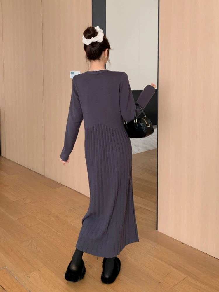 Elegant Autumn Winter New Korea Women Long Sleeve Dress Vestidos Robe Elbise Loose Plus Size Knitted V-neck Sweater Long Dresses