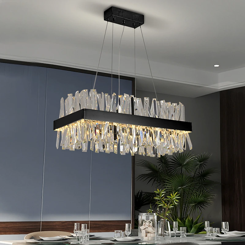 

Dining room black crystal chandelier rectangle kitchen island hang lamp modern home decor cristal light fixture with dimmable