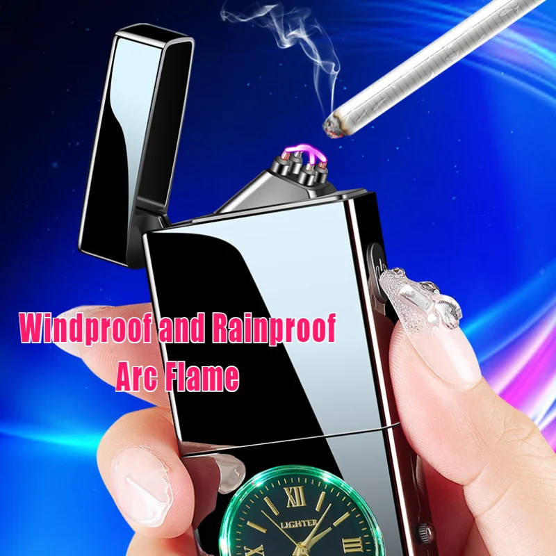 New Metal Colorful Light Watch Smart Dual Arc Charging Lighter Creative Metal Windproof Cigarette Lighters & Smoking Accessories