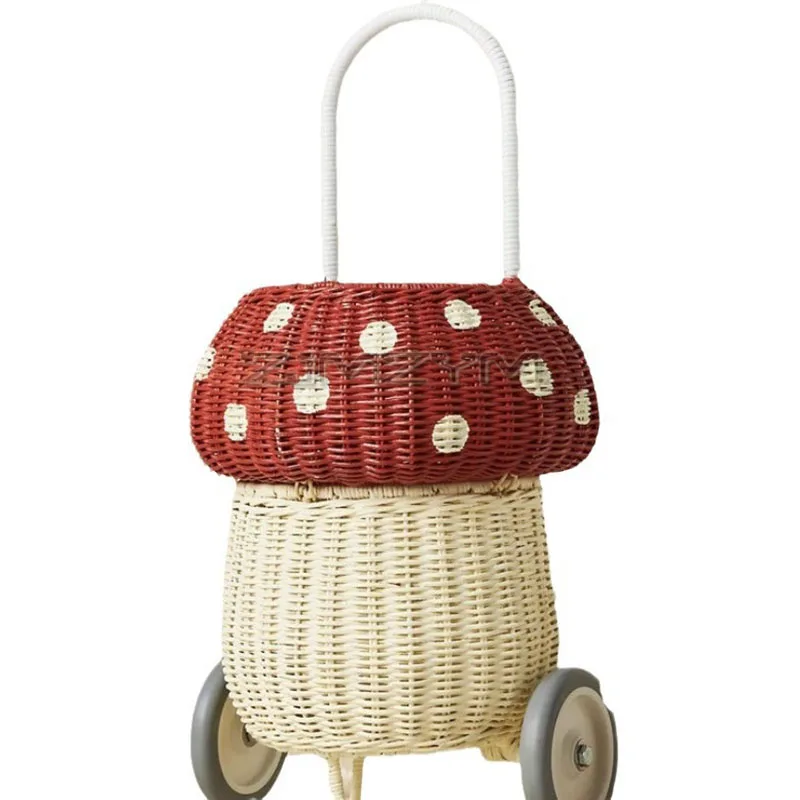 Rattan Woven Storage Basket Mushroom Hand Pull Cart Kindergarten Photography Props Baby Room Decoration INS Nordic Children Toys