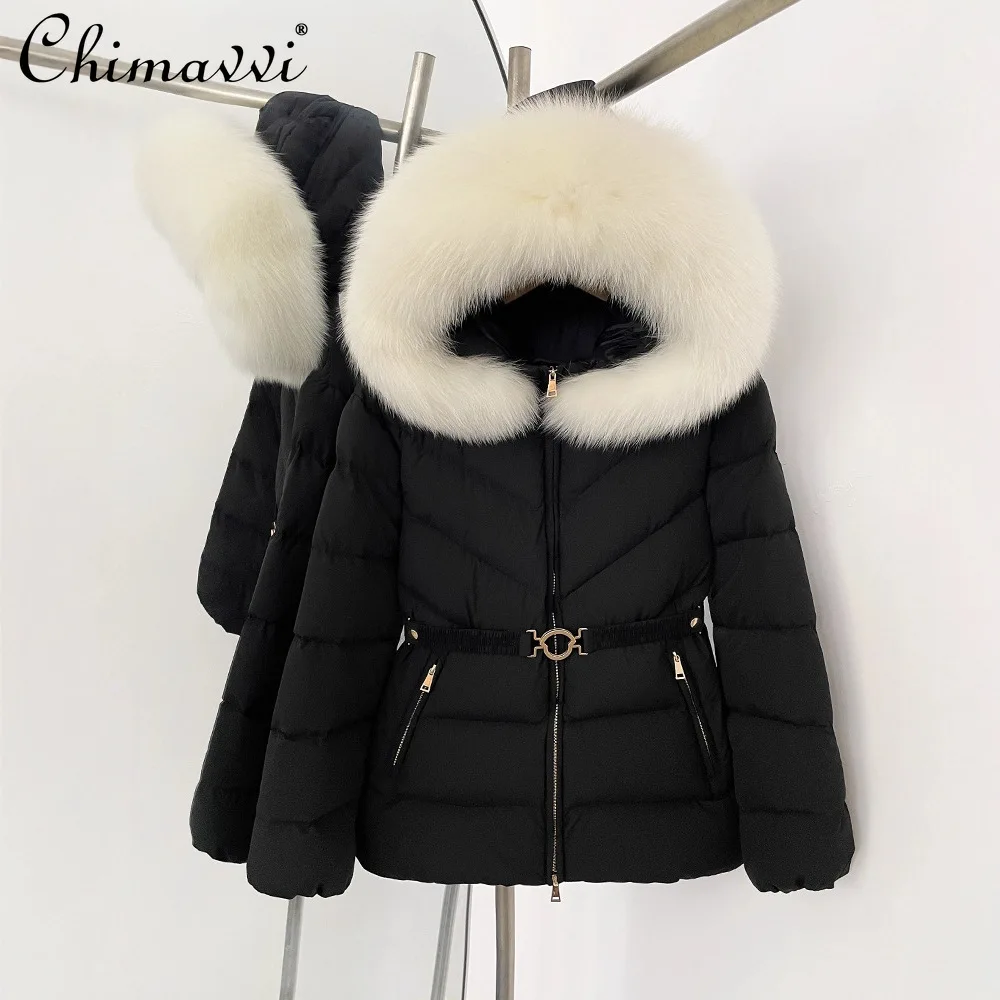 

2025 Winter Korean Style Elegant Commuter Ladies Hooded Jackets Belt Slim Fit Fashion Versatile Mid-Length Down Coats For Women