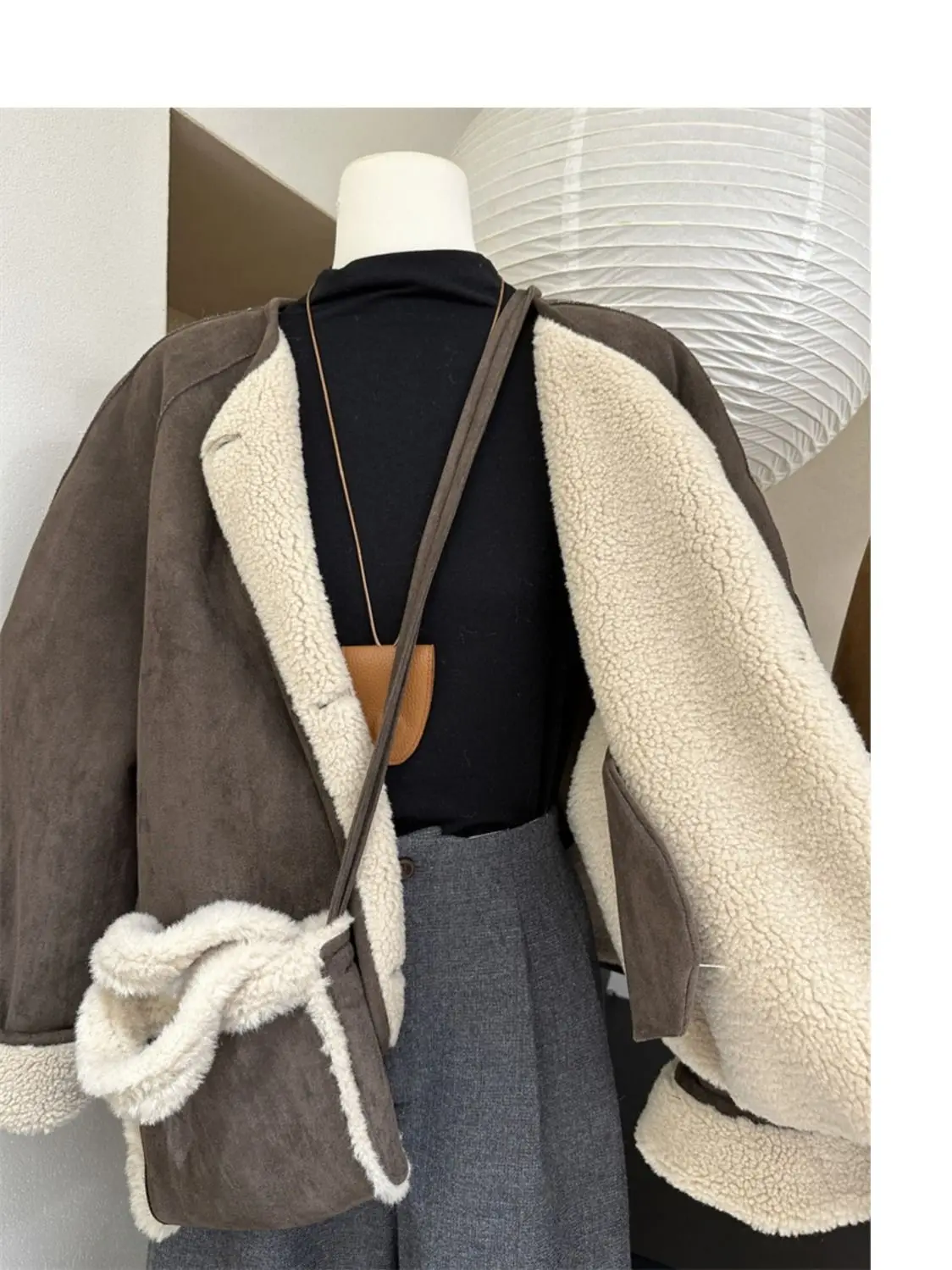 Women's Korean Faux Suede Short Coat Cotton-padded Thickened Warm Soft Jacket Top Overcoat Winter Preppy Office Commuter Outfits