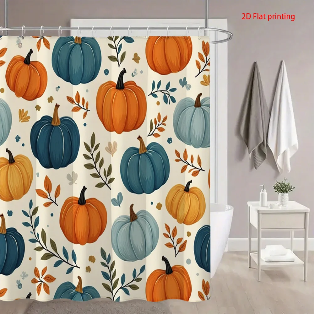 

1pc Blue and orange autumn pumpkin pattern shower curtain, polyester fabric with hooks, suitable for bathroom decoration