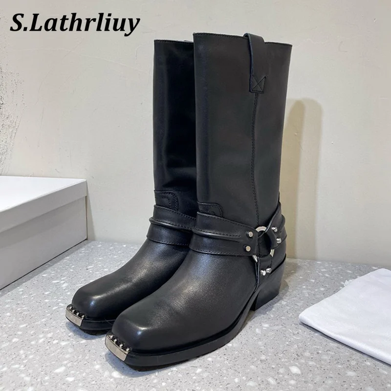 2024 New Real Leather Square Toe Mid Calf Boots Women's Metal Chunky Heels Short Boots Autumn Winter Handsome Motorcycle Botas