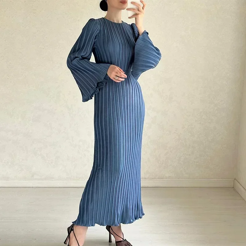 Autumn Winter Fashion Solid Pleated Dress  Women Round Neck Speaker Long Sleeve Belt Long Dress Elegant Loose Dress