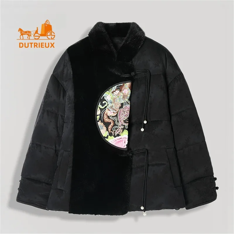 Doudoune d'hiver brodée en duvet d'oie pour femme, manteau en fourrure de vison véritable, manteau à demi-col roulé en satin, veste chaude noire, nouveau