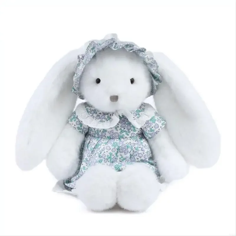 دمية محشوة على شكل أرنب من القطيفة على شكل حيوان مع فستان جميل على شكل زهرة من القطن، دمية مريحة لهدية استحمام الطفل 15UB
