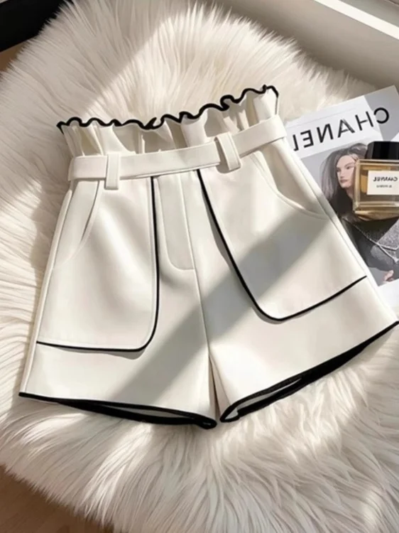 Casual Pants Women's Small Size Black  Color Block White Shorts Summer New Fashion Design Straight Leg High Waist Wide Leg