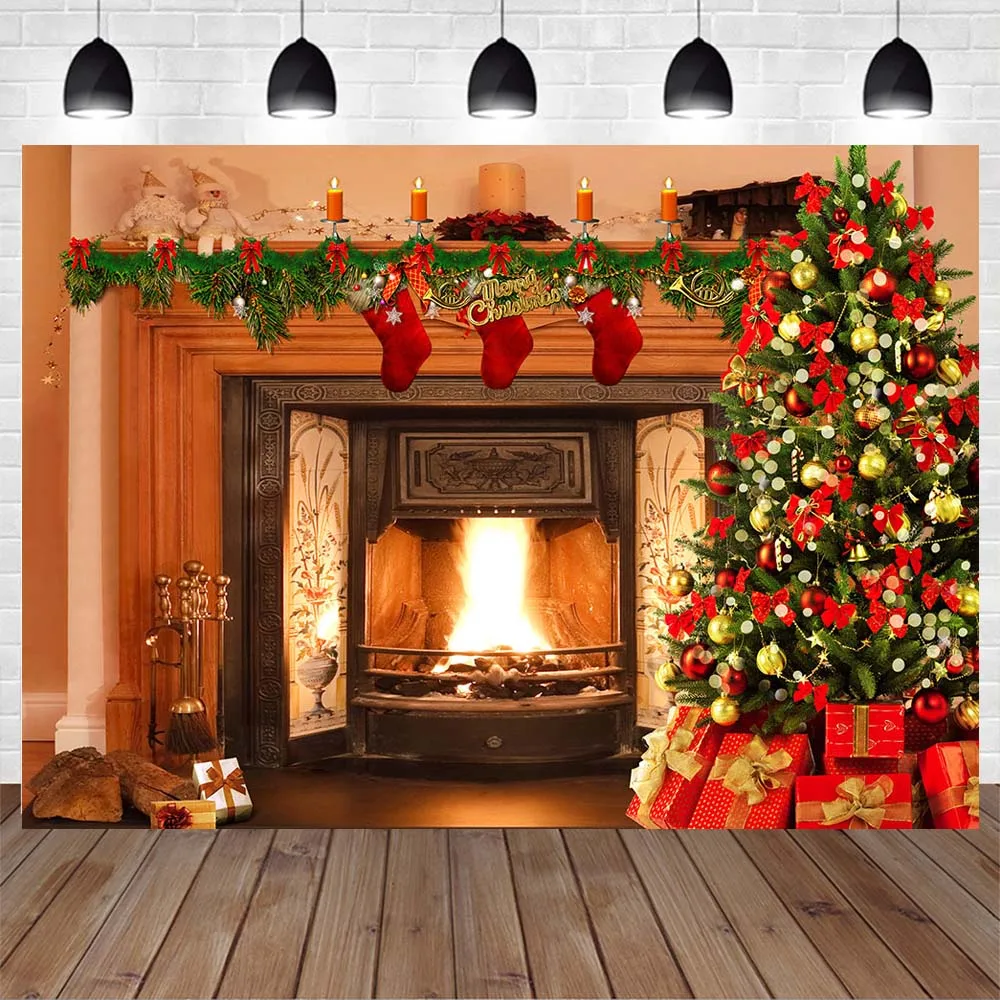 Mocsicka Christmas Fireplace Backdrop for Photo Studio Photography Christmas Tree Gifts Family Portrait Photo Background Decor