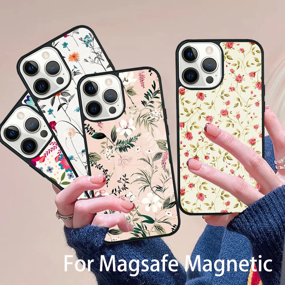 

Floral Theme Pattern Phone Case Magesafe Magnetic Wireless Charge Cover For IPhone 16 11 12 13 14 15 Pro Max Plus Mini