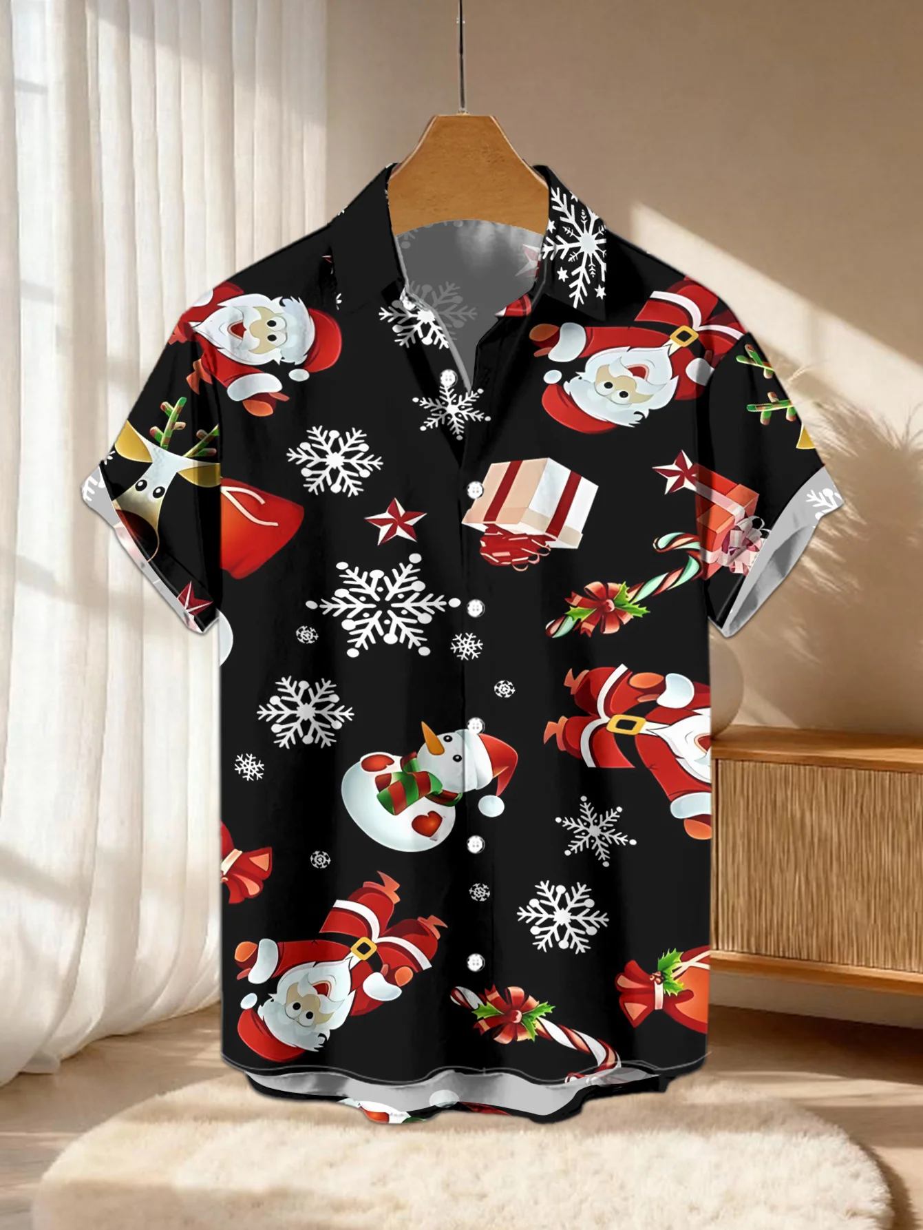 Men Short Sleeve Shirt Christmas Santa Snowman Gift Snowflake Print Lapel Casual Holiday Button Down Tops Men's Clothing