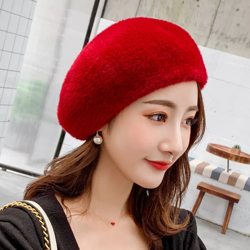 Rex fur berets hat for women Winter thick warm soft beret caps Artist french gorros Pumpkin hats Female girls leisure caps