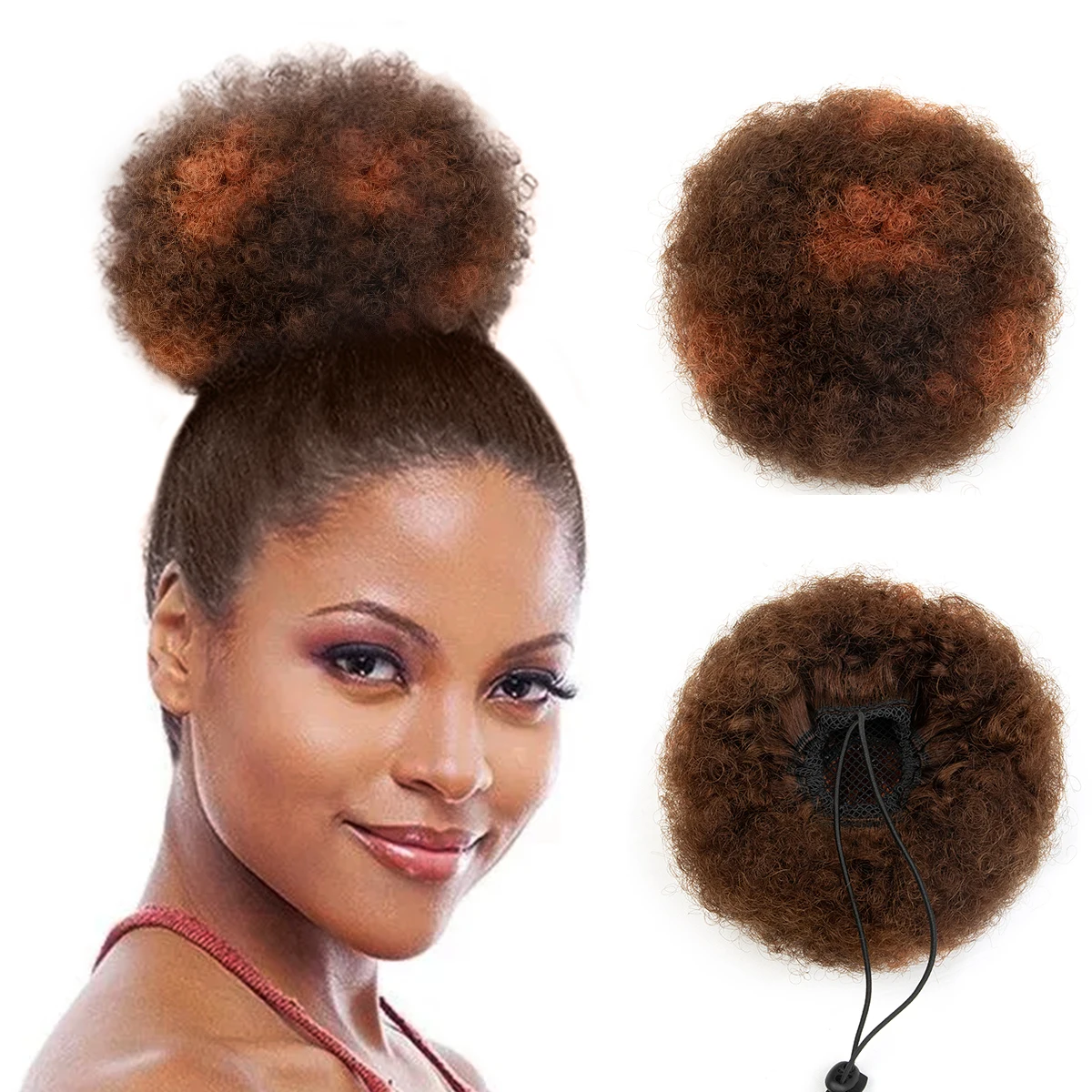 Kinky Curly Human Hair Ponytail Afro Puff Drawstring High Bun HairPiece Clip in on Updo Extensions for Black Women 4 6 8 inch